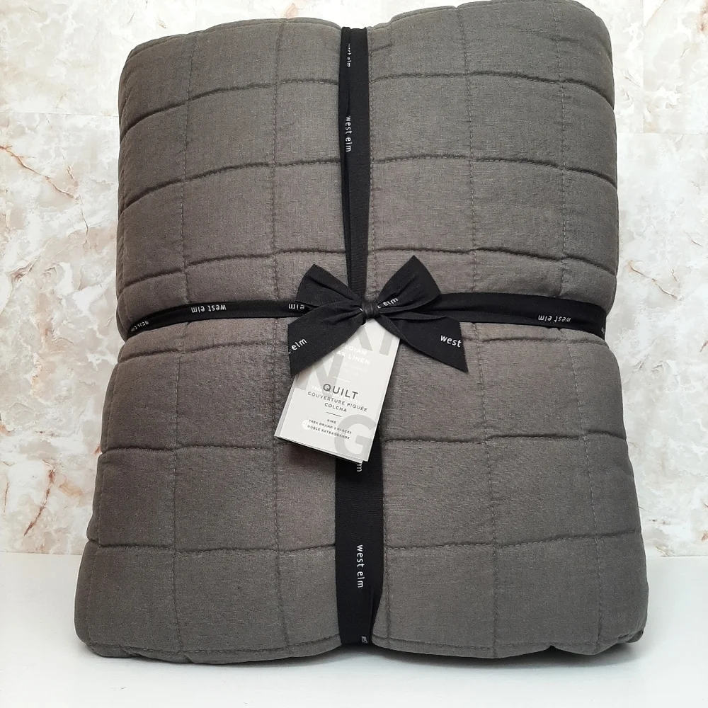 West Elm Belgian Flax Linen Frayed Edge King Quilt Slate
